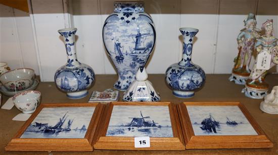 Blue and white Delftware: Set 3 framed tiles, a pair of vases and a lidded vase